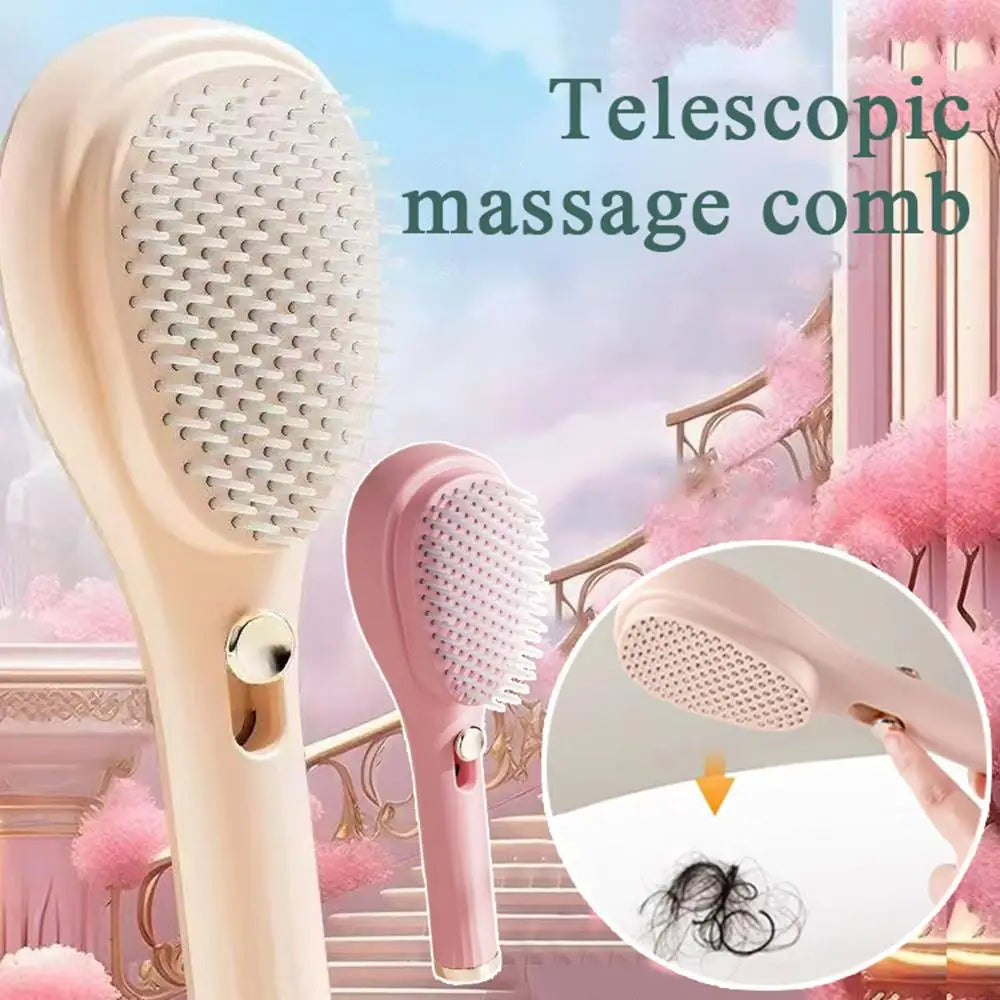 Telescopic massage comb with pink and beige colors on a decorative background.