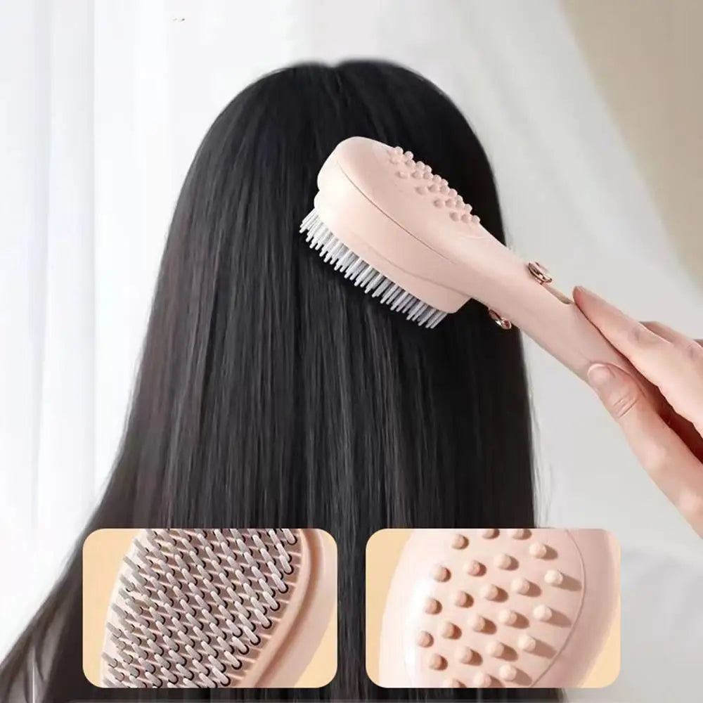 Person using a pink hairbrush on long black hair with close-up insets of the brush's bristle and back design.