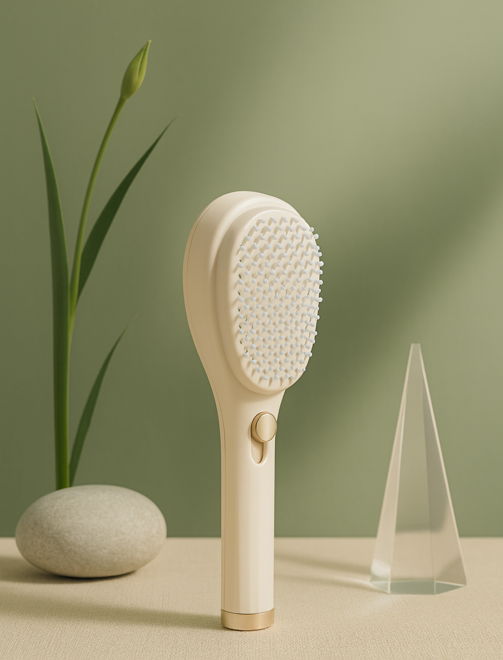 White handheld scrubber on a beige surface with a green plant and clear glass object in the background.