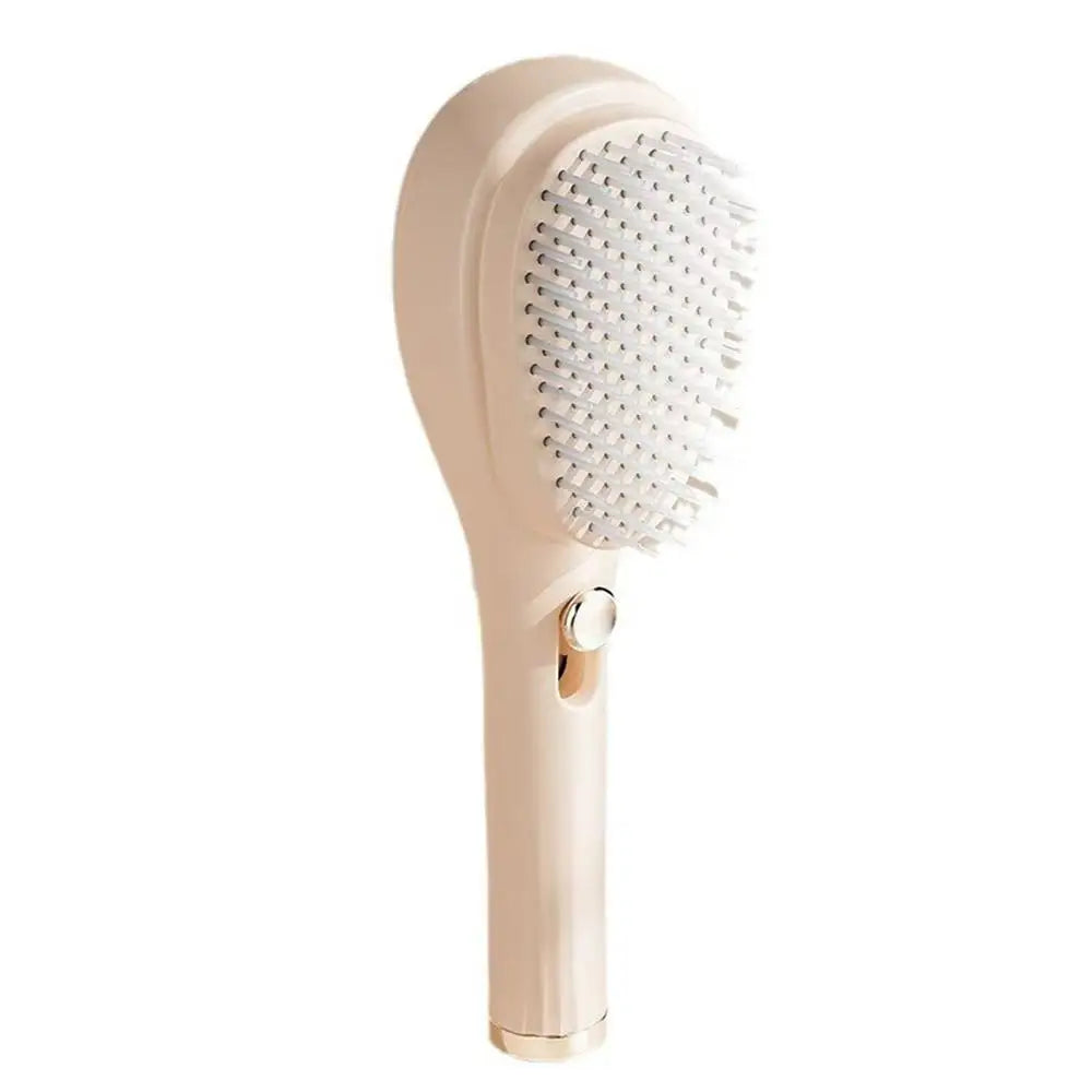 Beige handheld hairbrush with bristle head on a white background